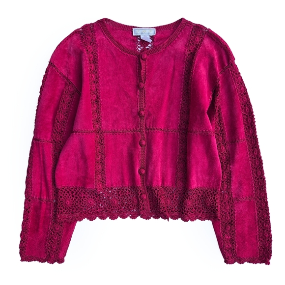 Vintage Suede Leather Crochet Rasberry Pink Jacket - Picture 2 of 12
